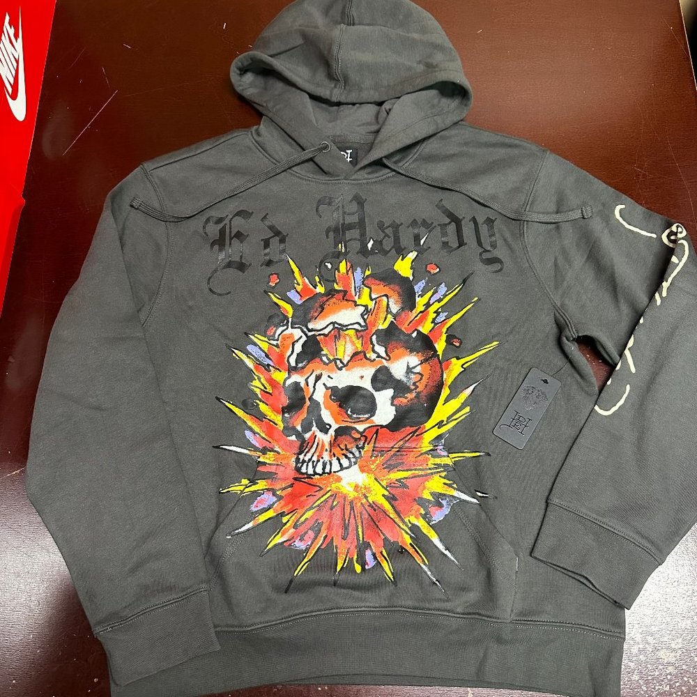ED Hardy Mens Black Skull Graphic Print Long Sleeve Pullover Hoodie Size M L XL